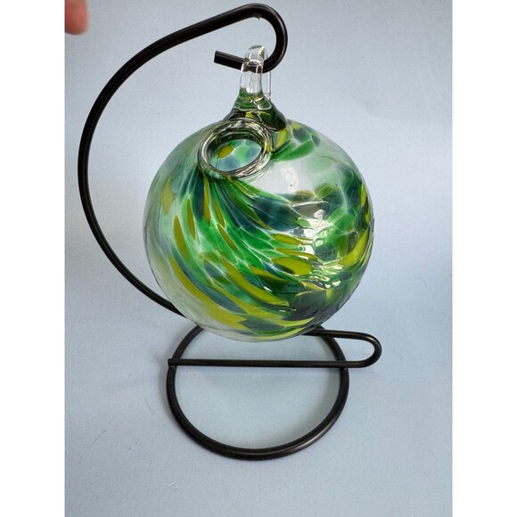 Handcrafted Green & Yellow Swirl Friendship Spirit Glass Ball With Stand - Picture 4 of 6